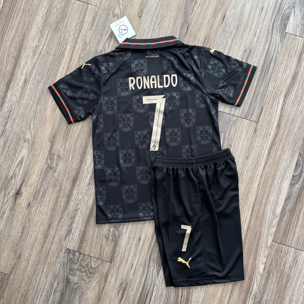 Portugal Ronaldo #7 Black Kids Soccer Jersey and Shorts Set